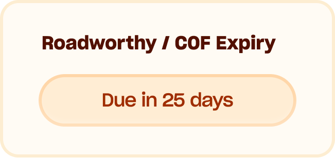 Roadworthy / COF Expiry due in 25 days